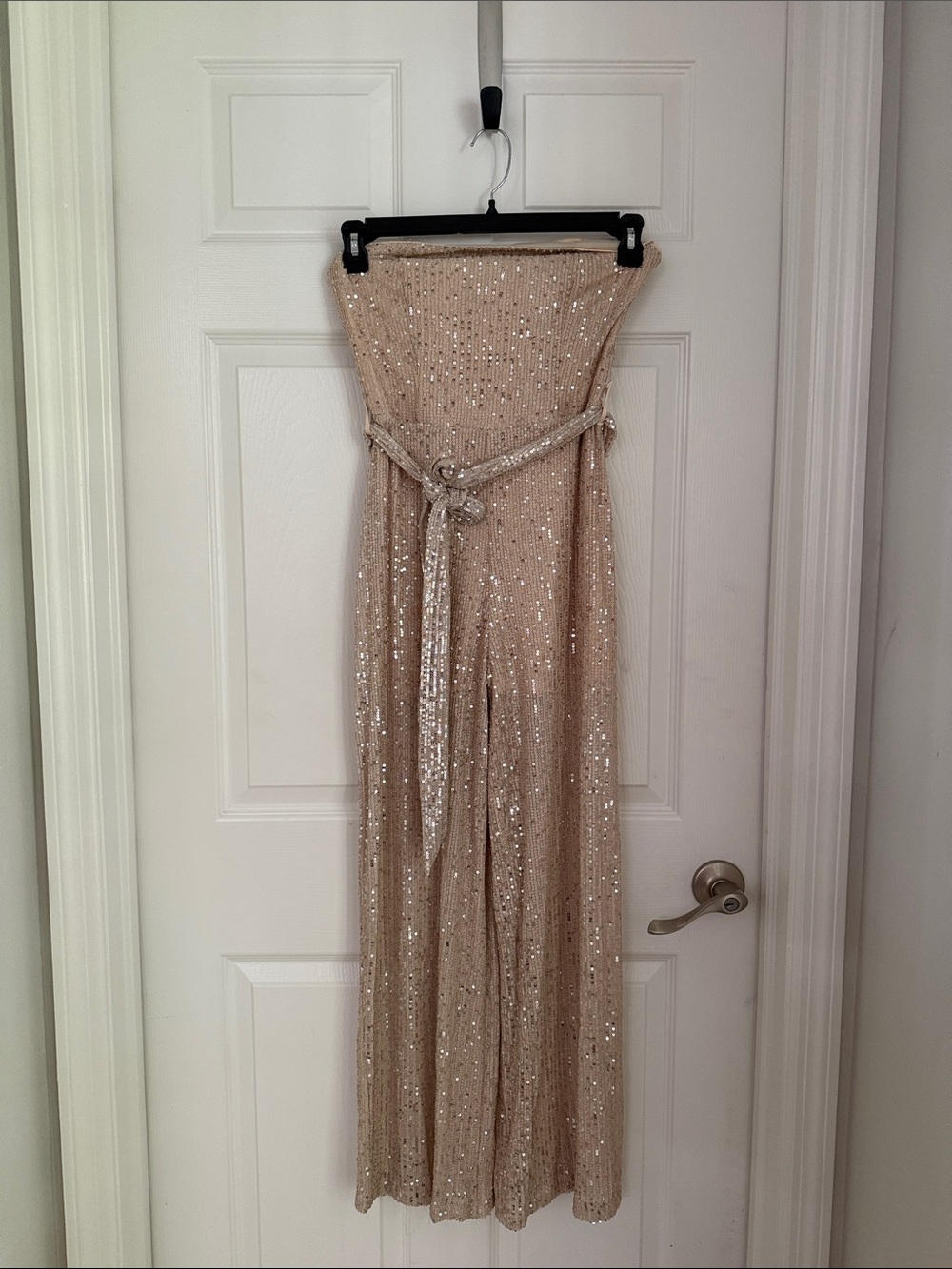 She + Sky Strapless Sequin Jumpsuit in Champagne Gold